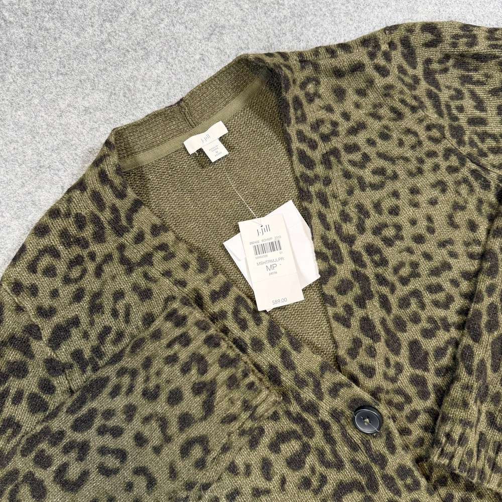 J Jill Cardigan Sweater Womens MP Green Leopard Print V Neck Button Front Knit